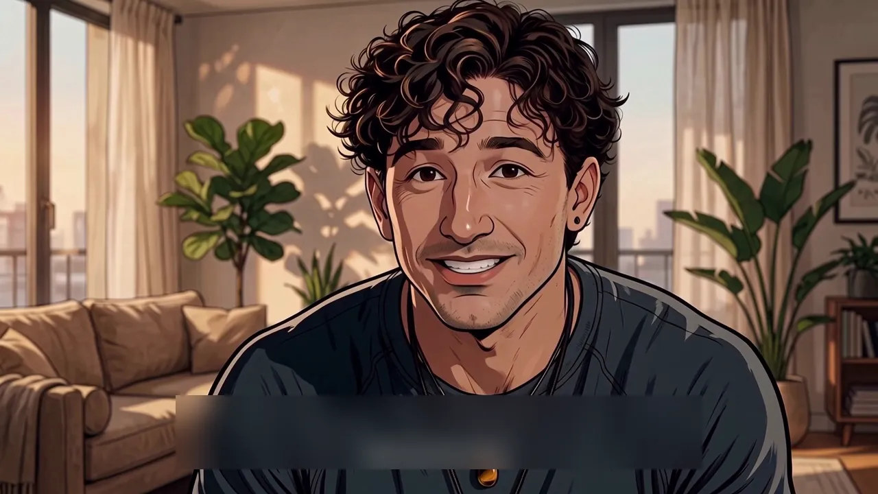 Brendon, founder of IMD, smiling, in an illustrated living room